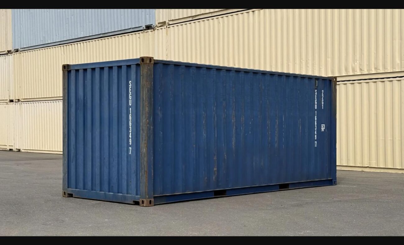 20ft second hand shipping container - exterior side view with original shipping line markings