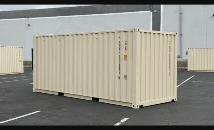 Brand new 20ft beige shipping container side angle view with cargo doors closed - Cargo Co Pty Ltd
