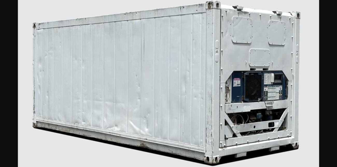 20ft used refrigerated shipping container with cooling unit visible - Cargo Co Pty Ltd